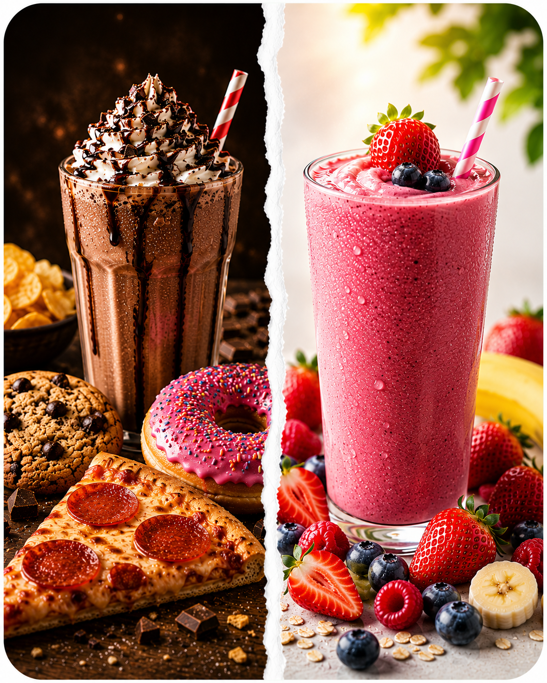 Junk food vs fresh green smoothie